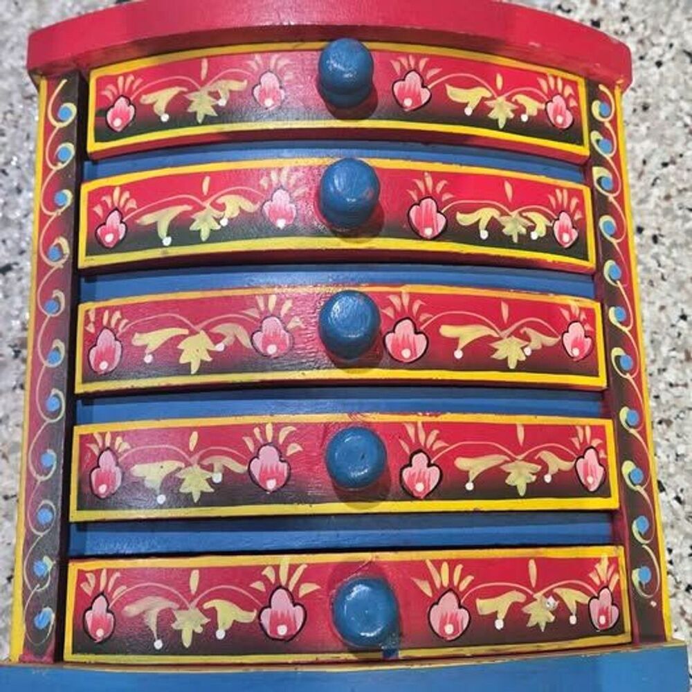 Vintage Indian Hand Painted Wooden Jewelry Chest 5 Drawer Rajasthani Folk Art 10 - Picture 3 of 10